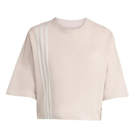 Light taupe cropped crew-neck drop-shoulder t-shirt with vertical side stripe panels