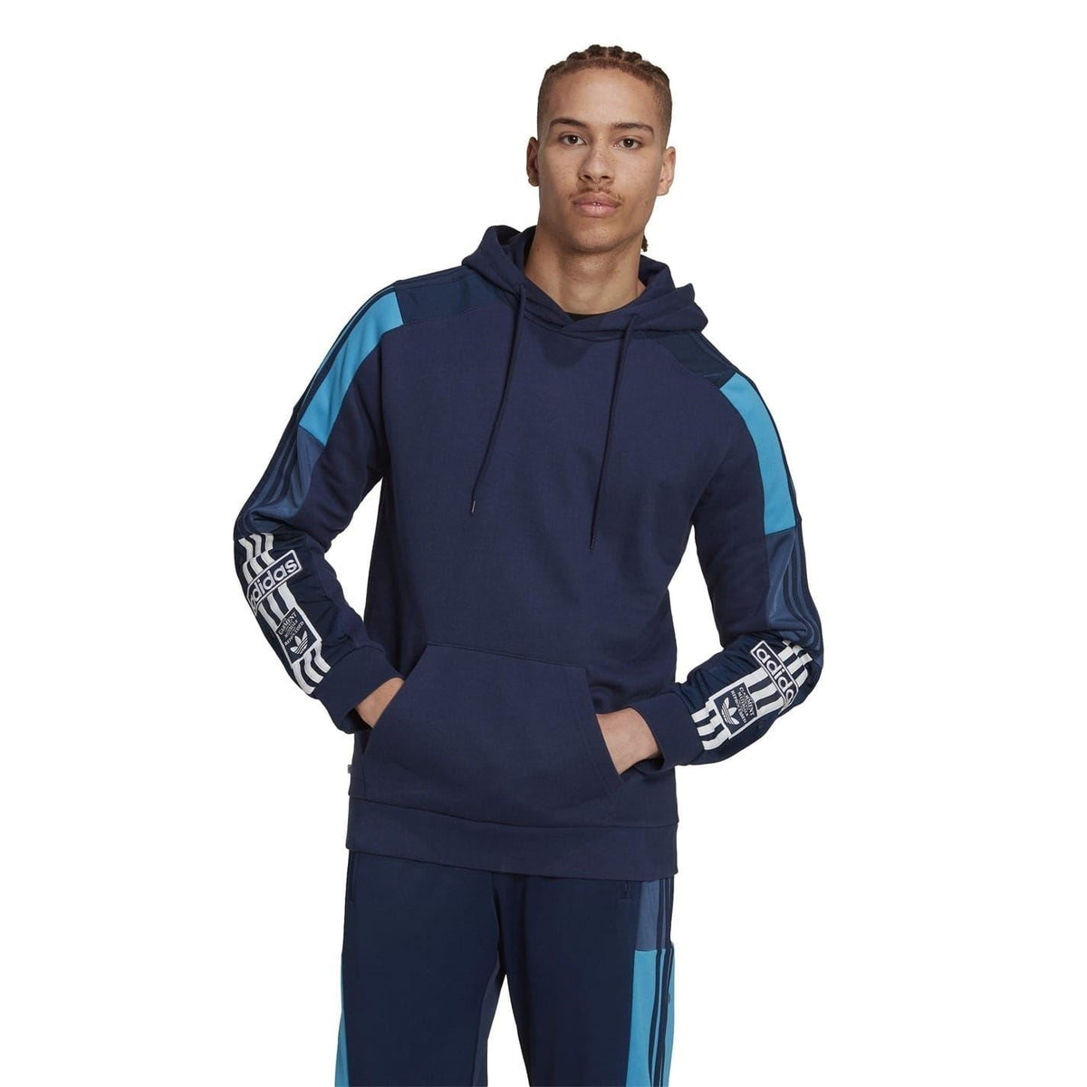 Navy pullover hoodie with hood drawstrings and light-blue sleeve trim and shoulder stripes.