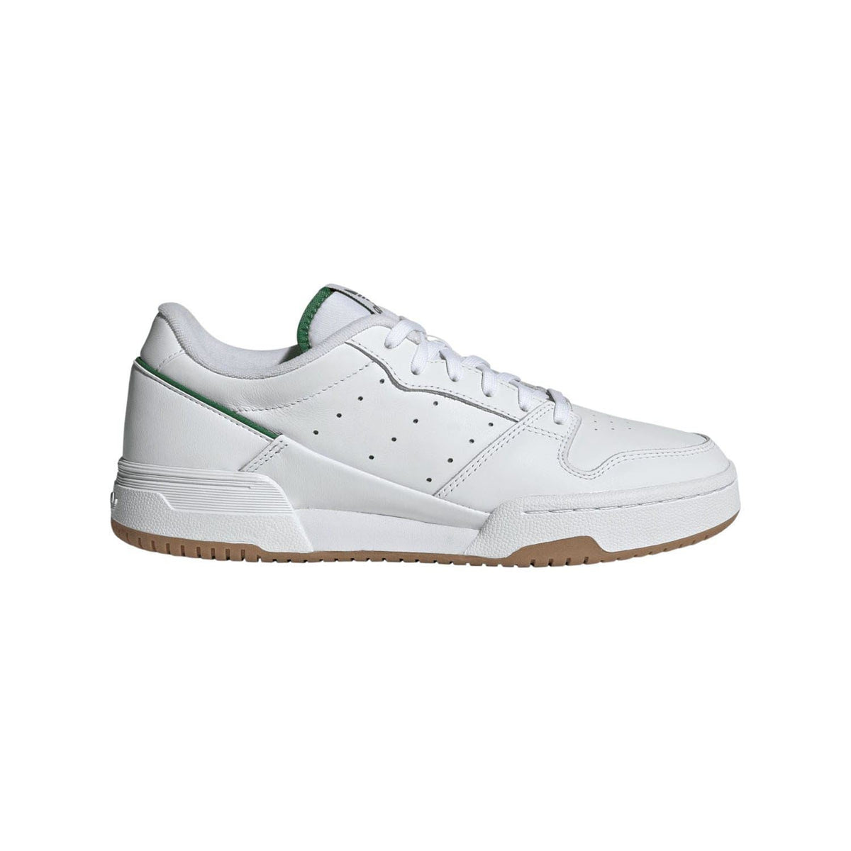 White low-top leather trainers with green heel trim and gum rubber sole.