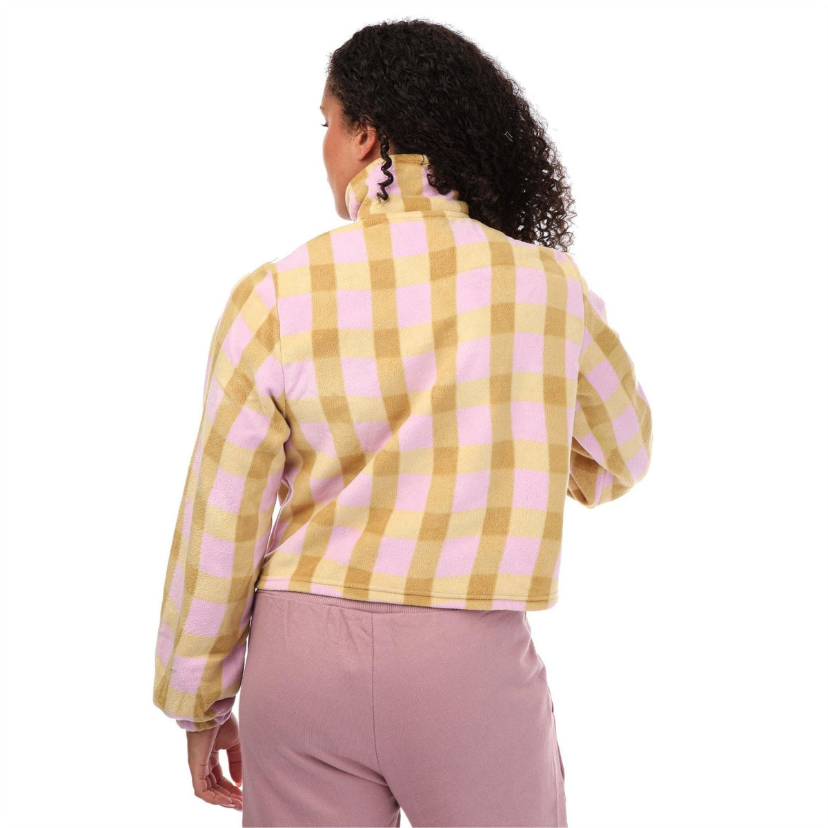 Zip-up fleece sweatshirt back view with yellow and pink check pattern and hood