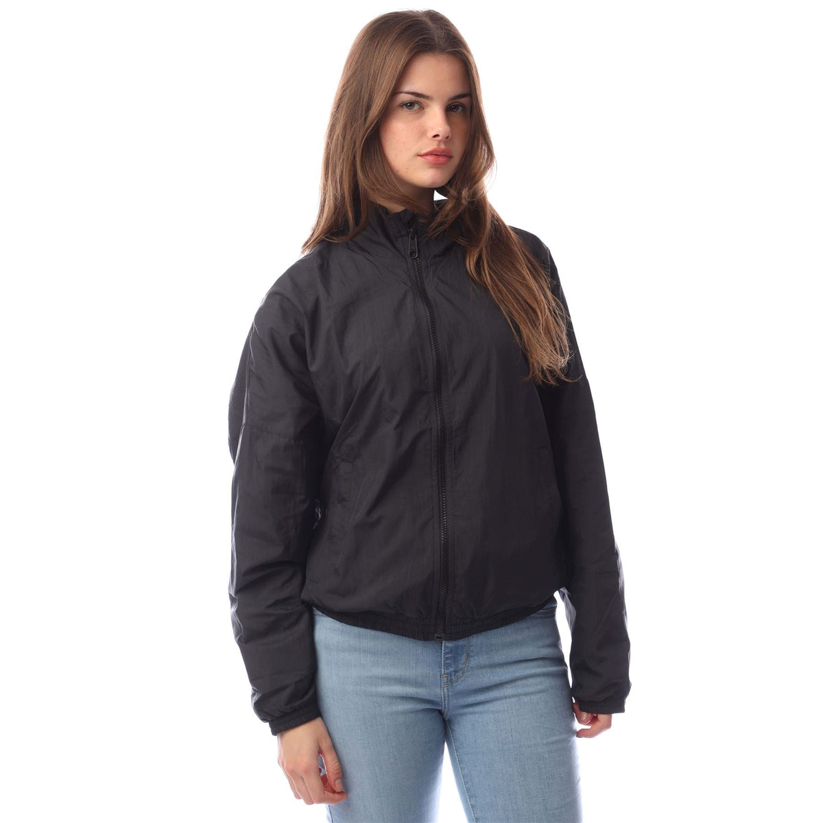 Black nylon track jacket with full zip and stand collar, elastic cuffs