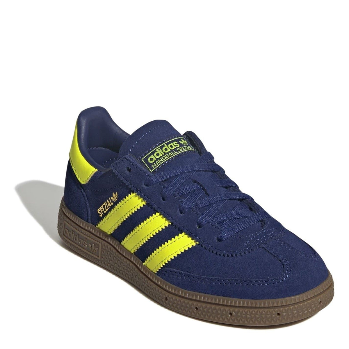Kids' adidas Spezial low-top sneakers with dark blue suede-look panels and neon yellow accents