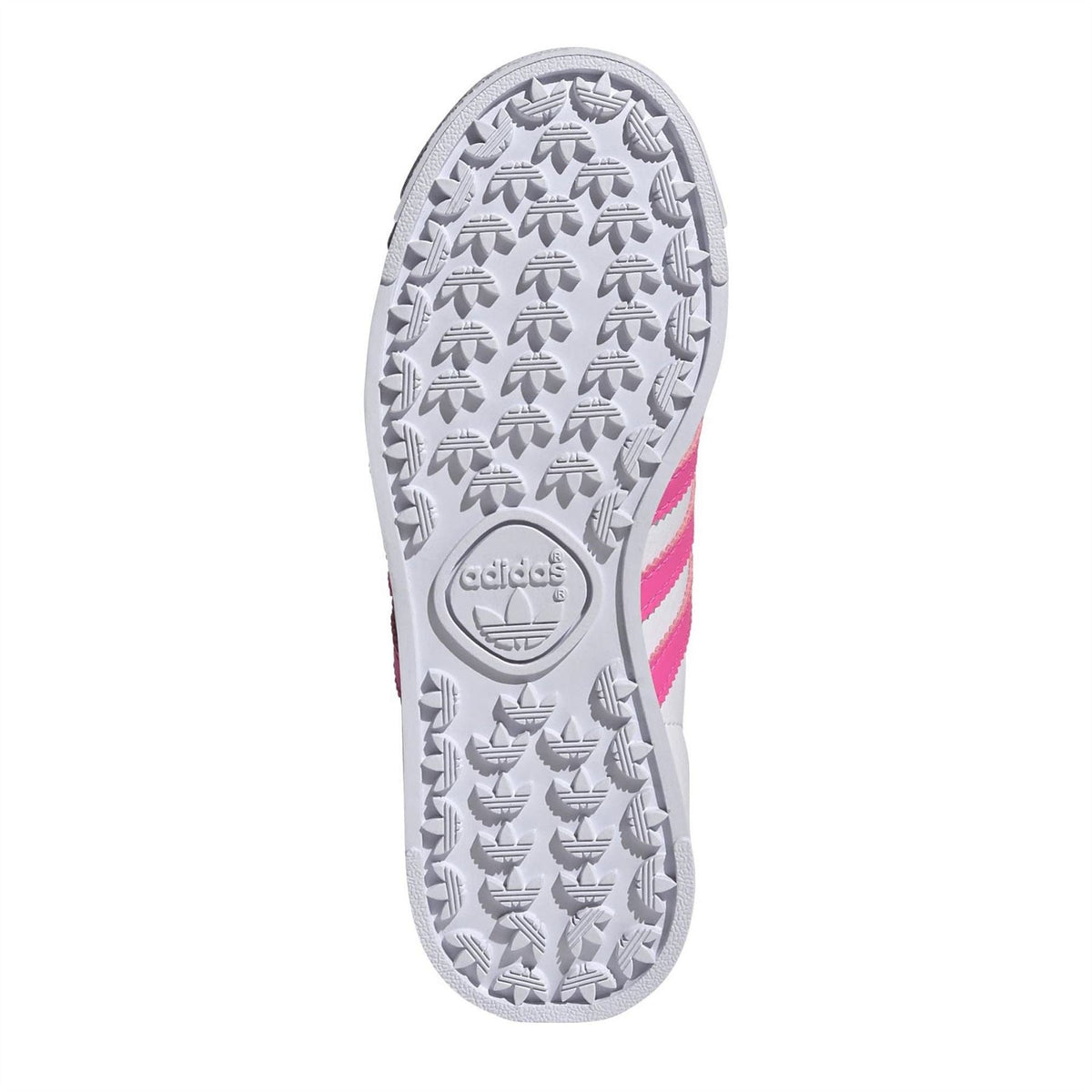 Kids' sneaker outsole, gray textured traction with pink side stripe visible