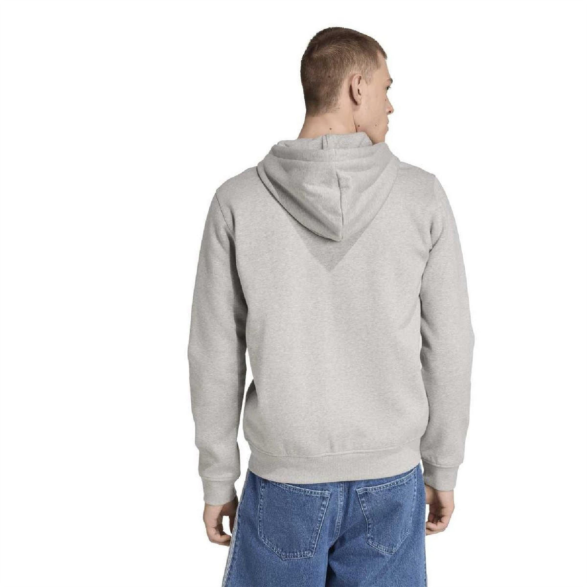 Trefoil zip-up hoodie in light grey, back view with hood and long sleeves