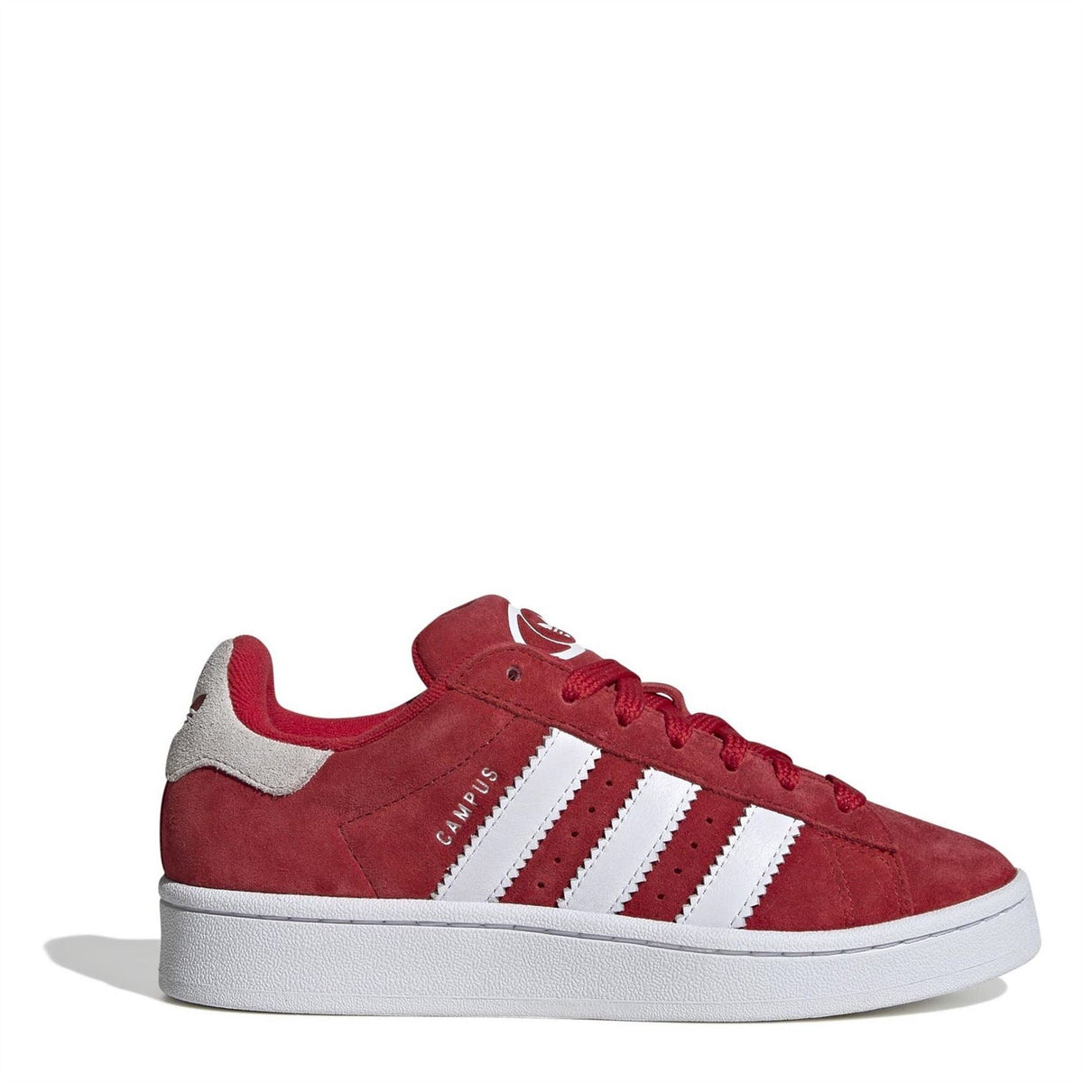 Red low-top suede sneakers with white three-stripe detailing and lace-up closure