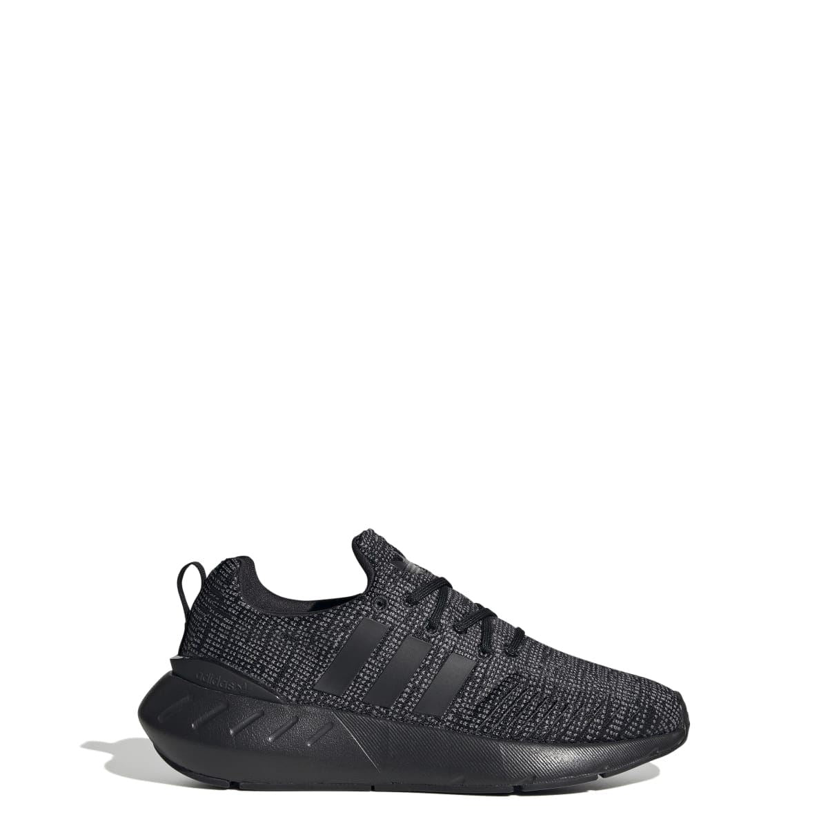 Kids' adidas trainers with dark speckled knit upper, three stripes, lace-up front