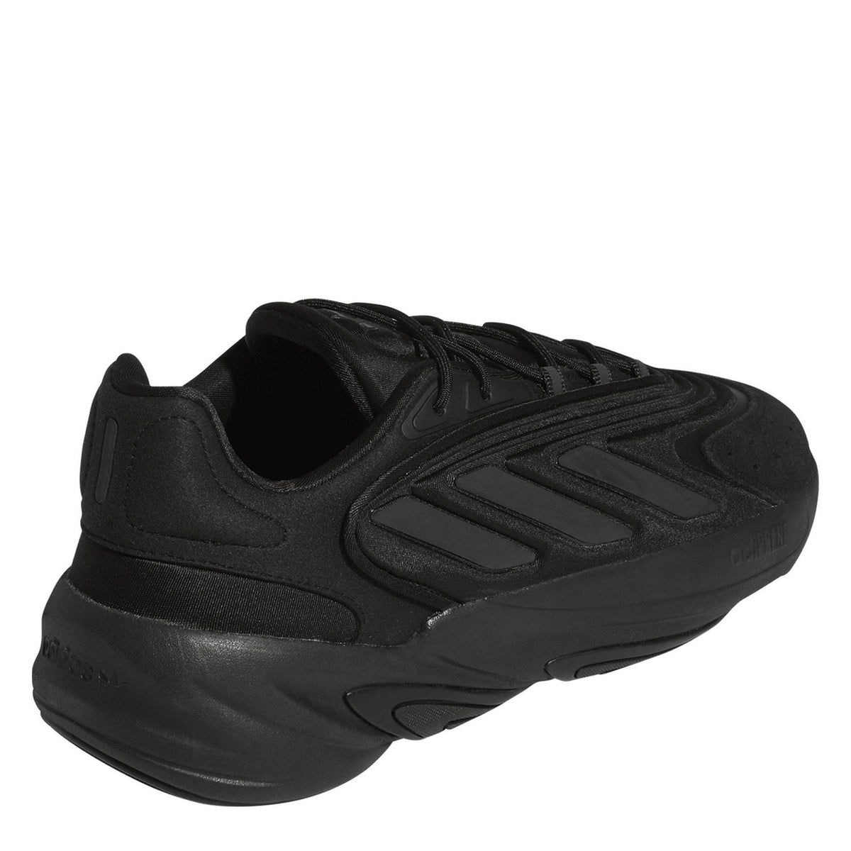 adidas Ozelia chunky lace-up sneakers in black, heel and side view with lace-up vamp