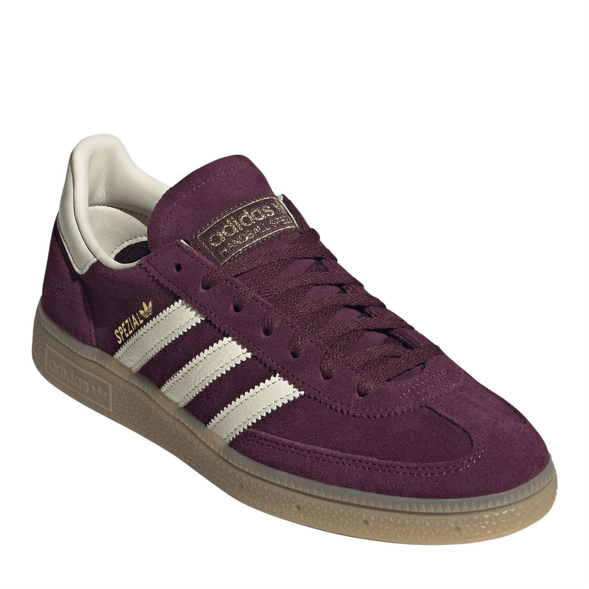 adidas Originals Handball Spezial shoes, maroon suede with white stripes and beige outsole