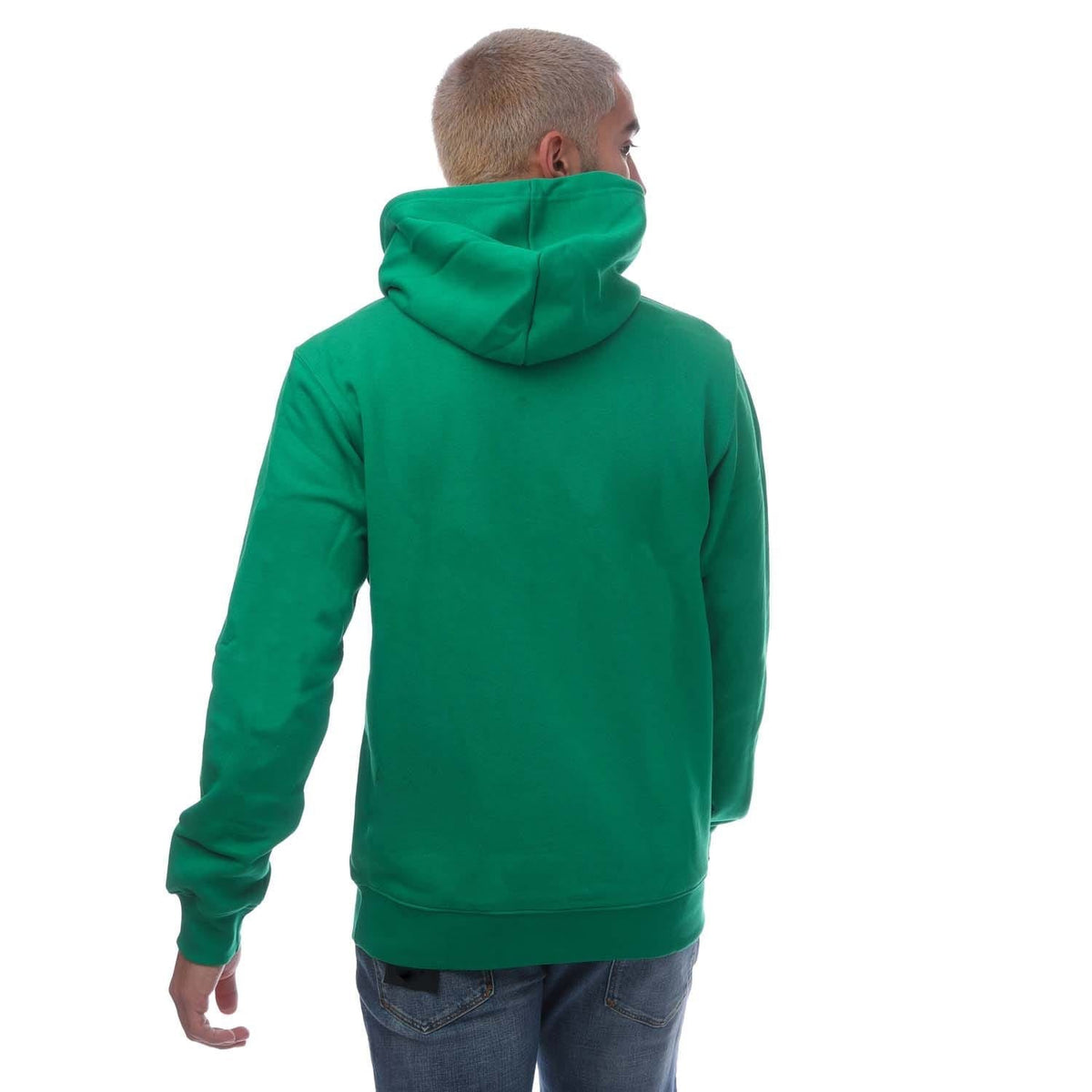 Green adidas Trefoil hoodie, back view with hood and kangaroo pocket