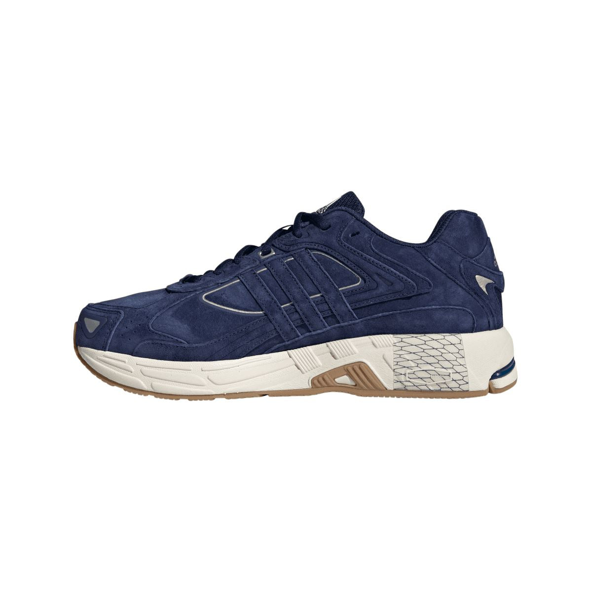 Navy adidas Response CL low-top sneaker side view with suede panels and white midsole