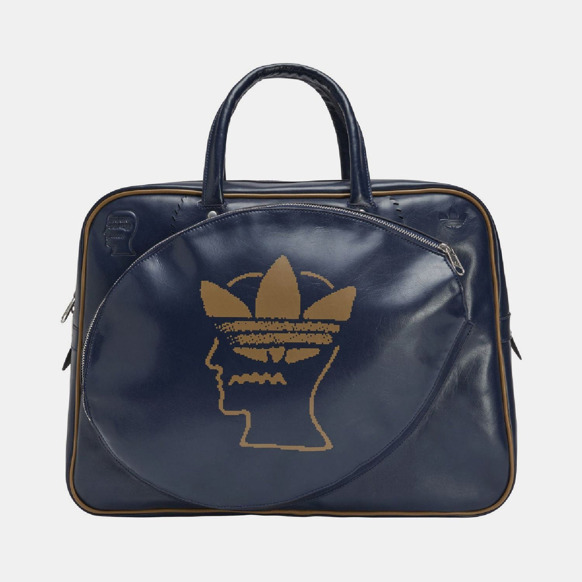 Navy duffel bag with top handles, side zips, and gold Trefoil head logo on front.
