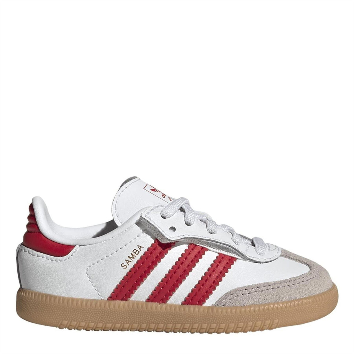 adidas Originals infants Samba sneakers in white with red stripes and gum sole