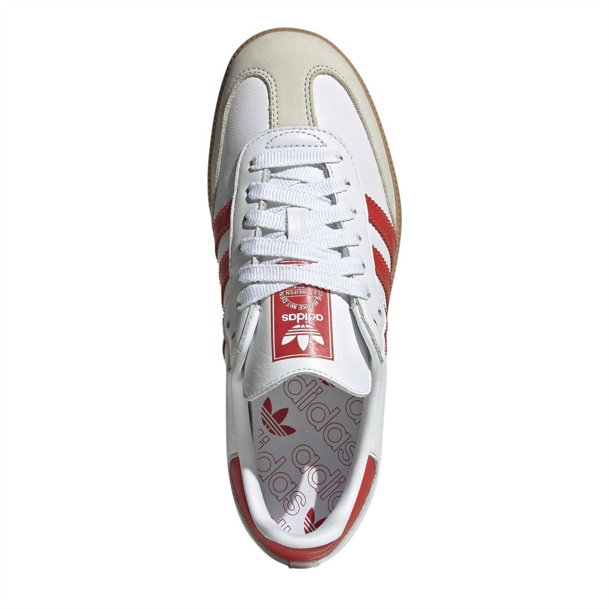 adidas Samba OG sneakers, top view, white laces and red adidas insole branding