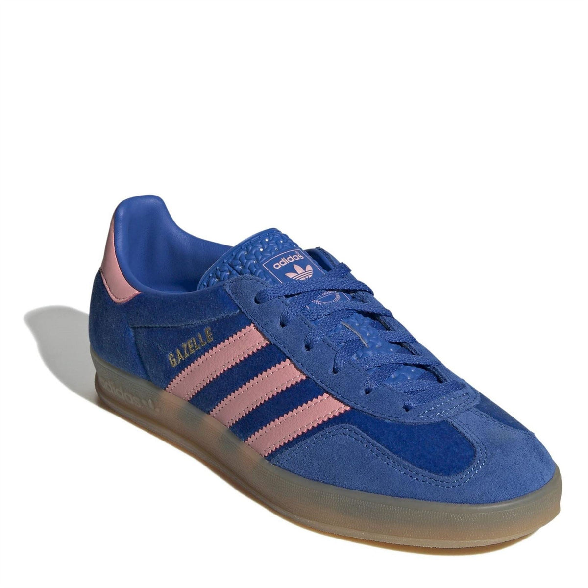Blue suede adidas Gazelle low-top sneakers with pink stripes, round toe, gum sole