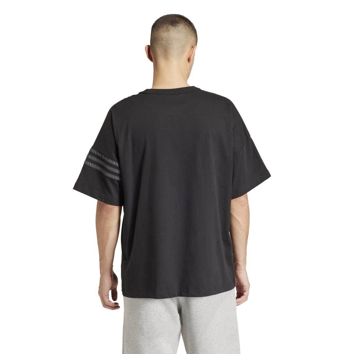 Black crew-neck T-shirt back view with striped panel on right sleeve