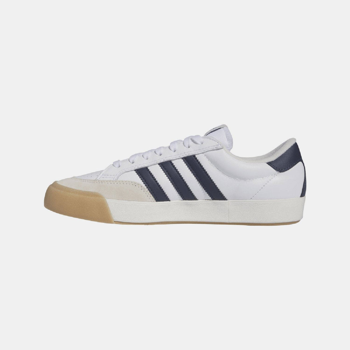 adidas Originals Nora trainers, white upper with navy stripes and gum cupsole edge