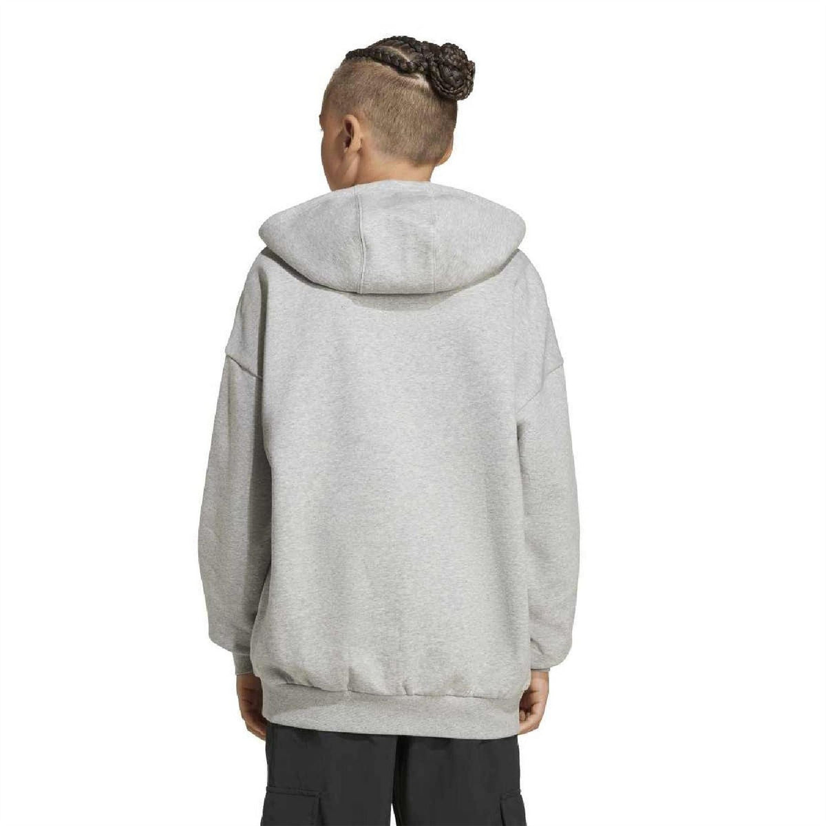 Back view of grey adidas juniors loose hoodie with hood and kangaroo pocket