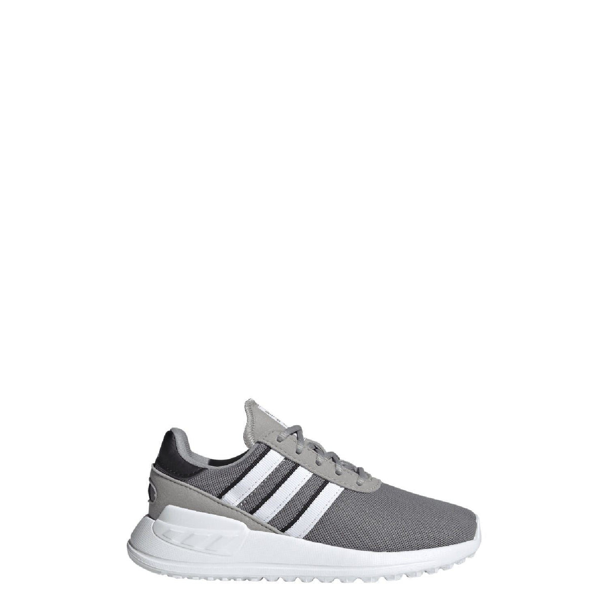 Grey kids lace-up trainer with white triple stripes and low-profile white sole
