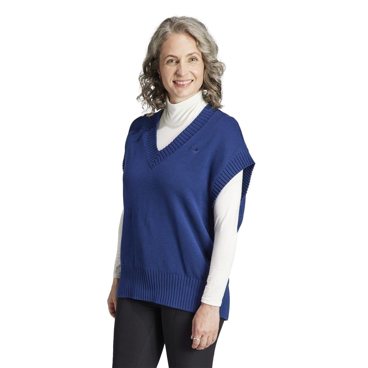 Blue ribbed knit vest with V-neck and relaxed fit