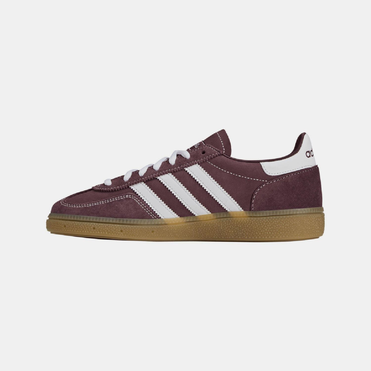 Burgundy adidas Spezial trainers with white three stripes, lace-up suede, gum outsole