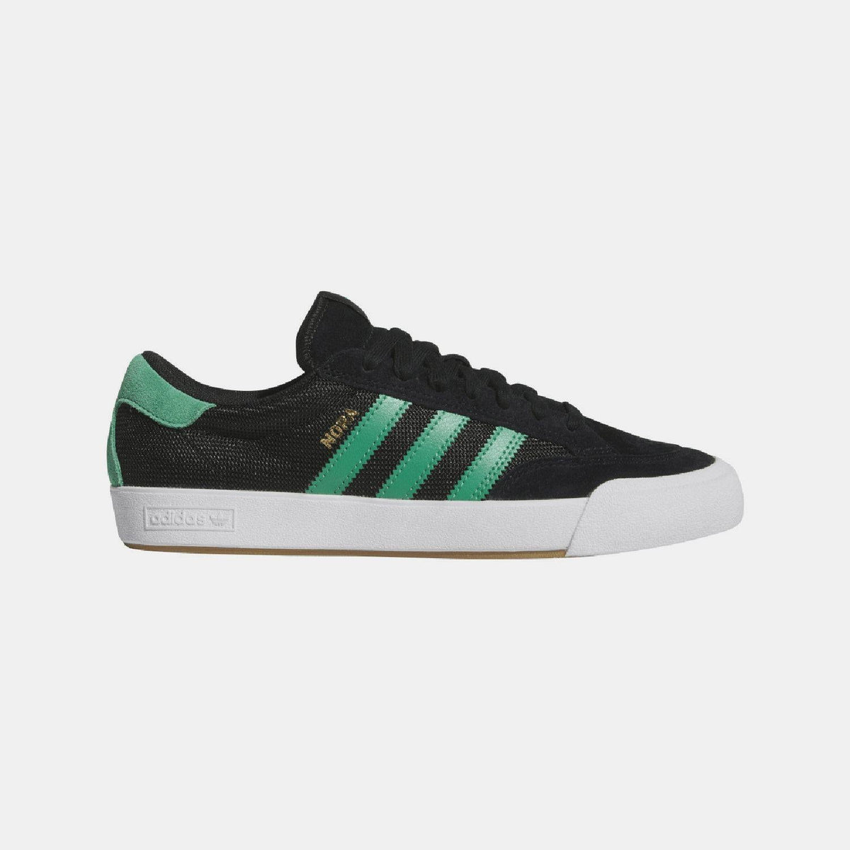 Black adidas Nora trainers with green triple stripes and white sidewall sole