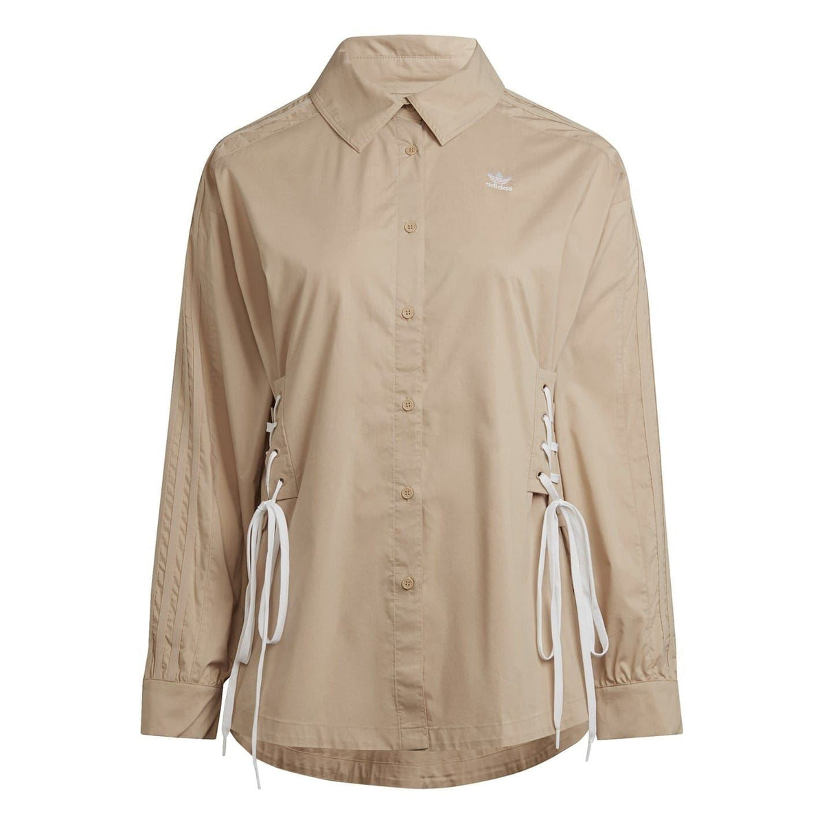 Beige relaxed-fit long-sleeve shirt with button front and pointed collar