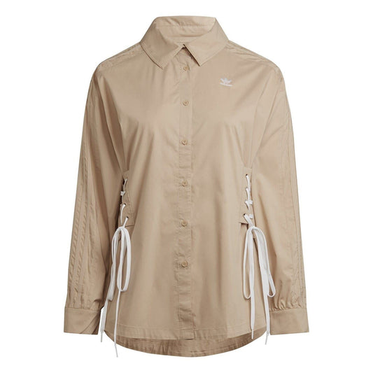 Beige relaxed-fit long-sleeve shirt with button front and pointed collar