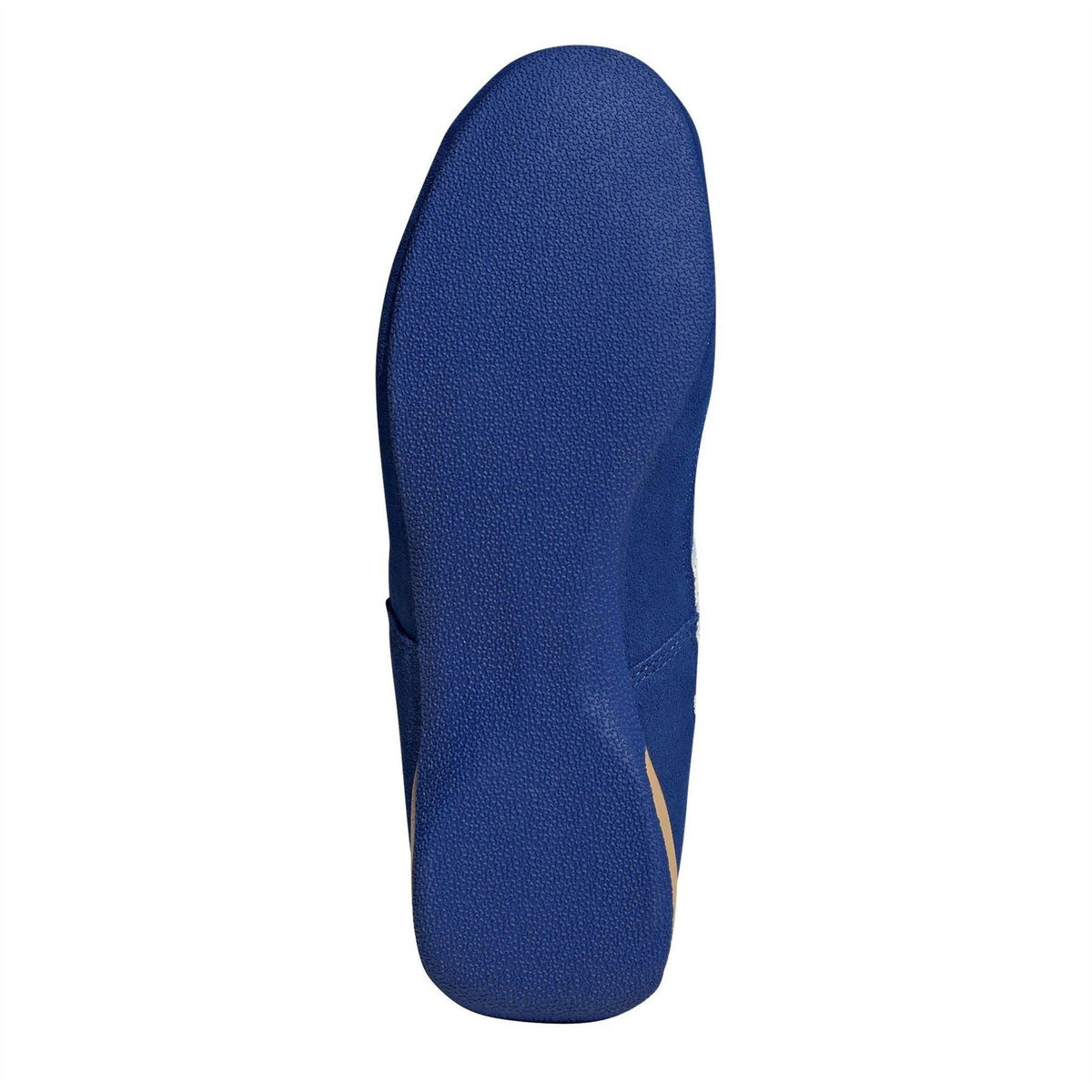 Blue sneaker side profile with textured suede upper and tan outsole edge