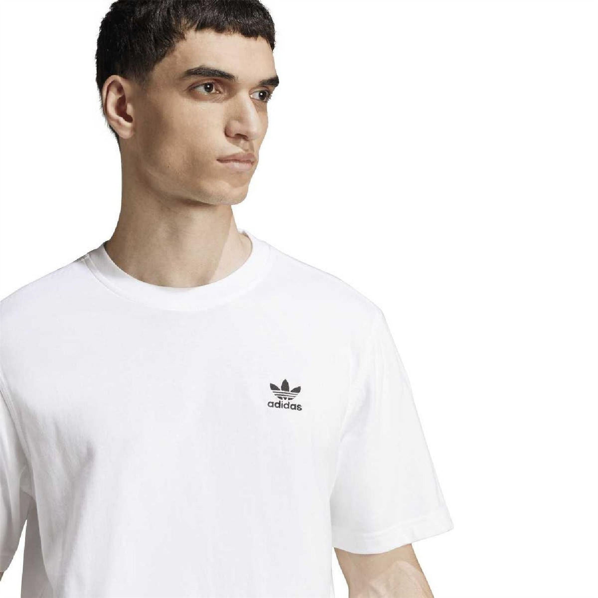 White adidas trefoil graphic T-shirt close-up, crew neck and short sleeves