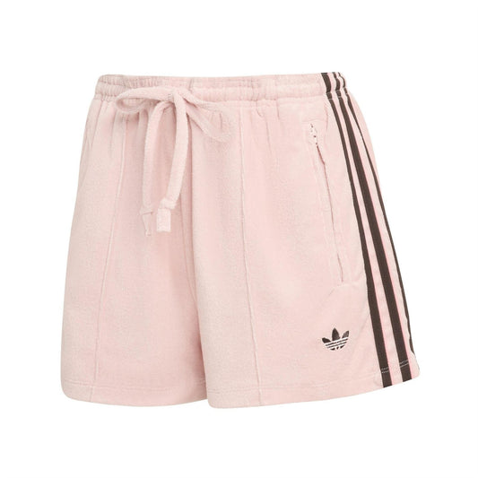 Sandy pink women's terry towel Firebird shorts with drawstring and side stripe taping