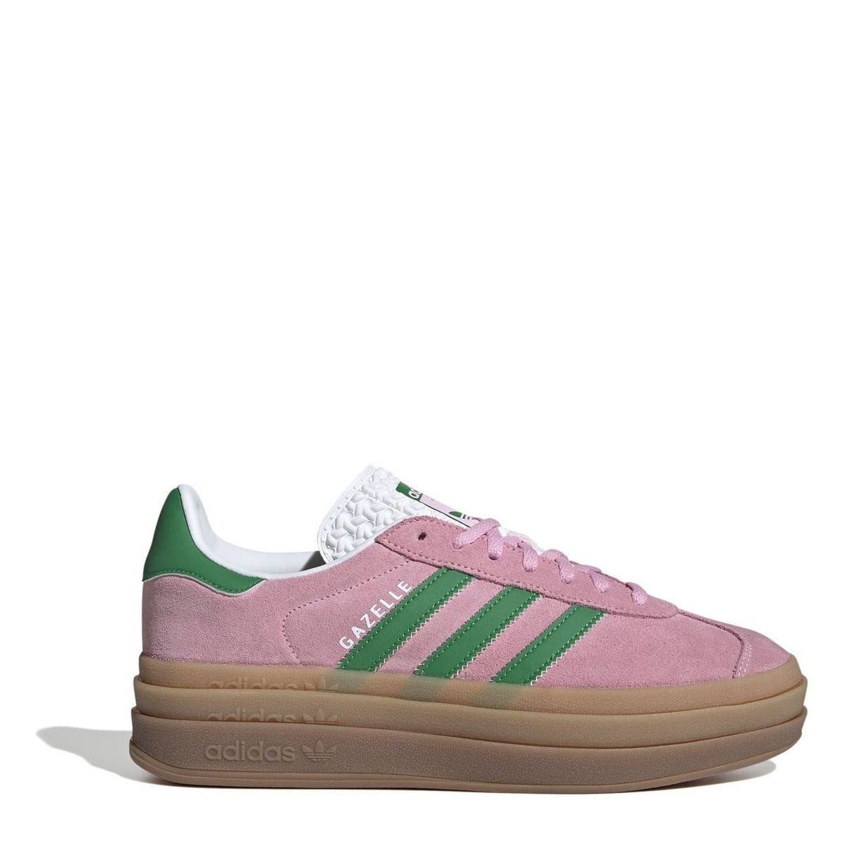 Pink suede low-top sneakers with green stripes and gum midsole