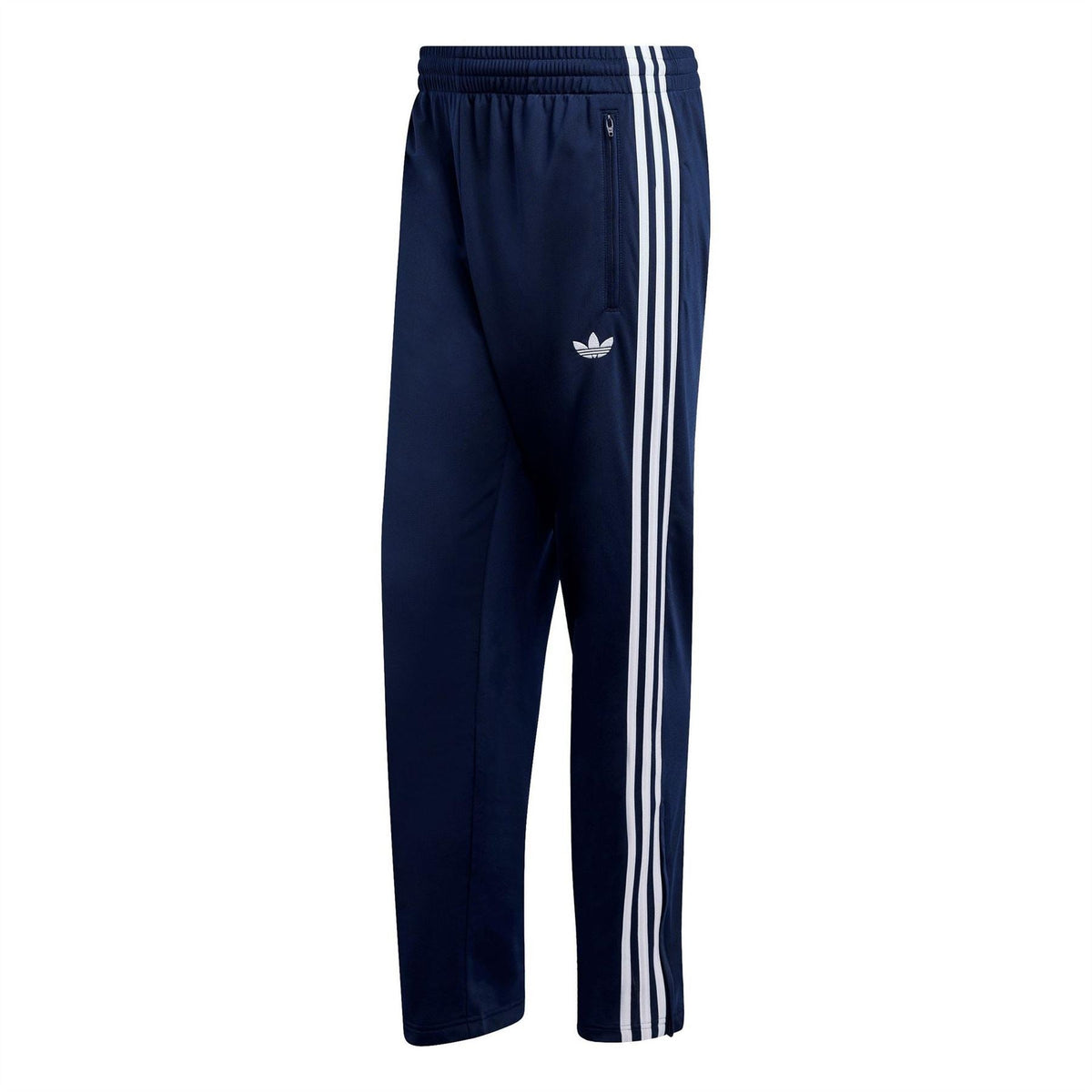 adidas men's woven track joggers in navy, elastic waist, white side stripes, trefoil logo