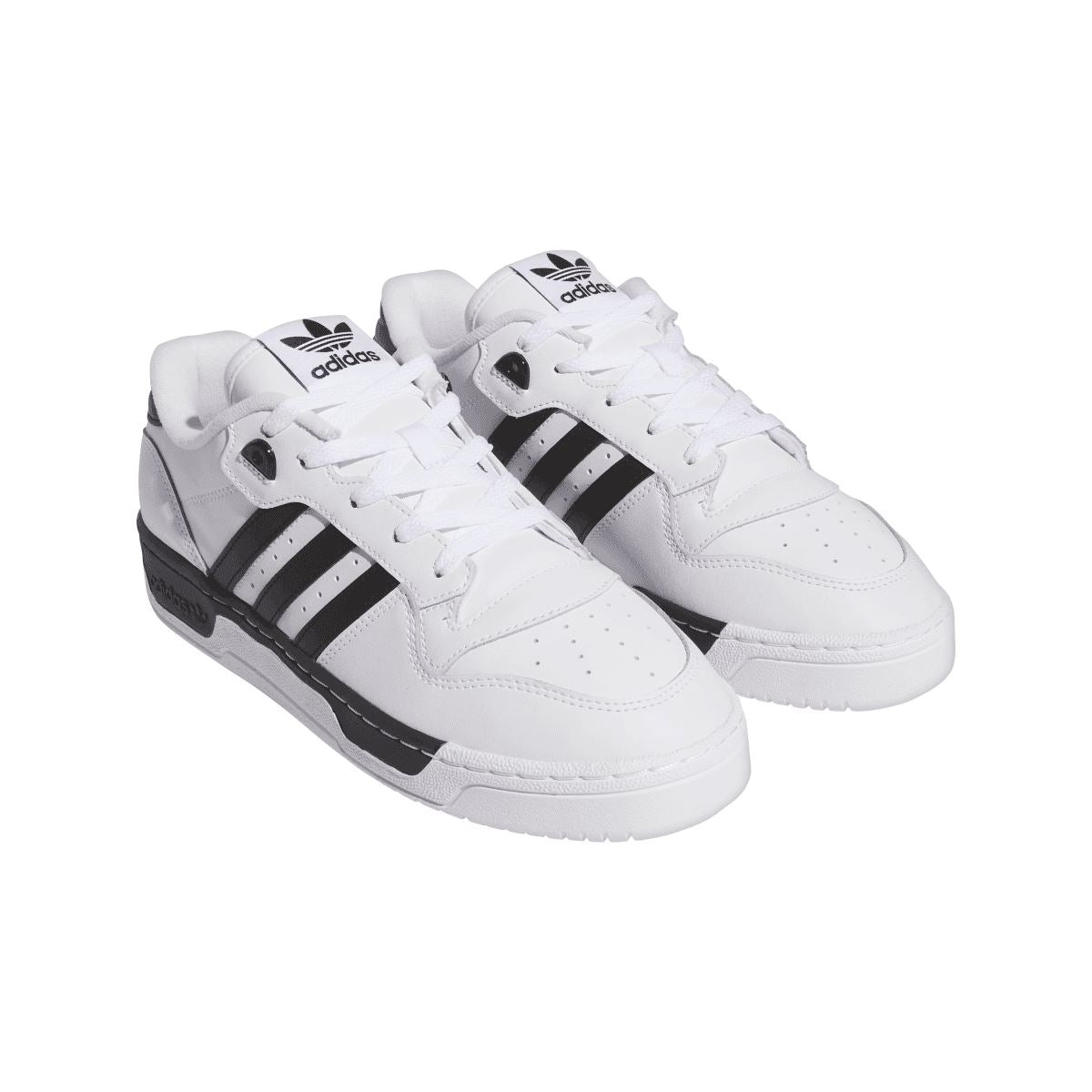 White low-top trainers front view with adidas branding, lace-up and black stripes
