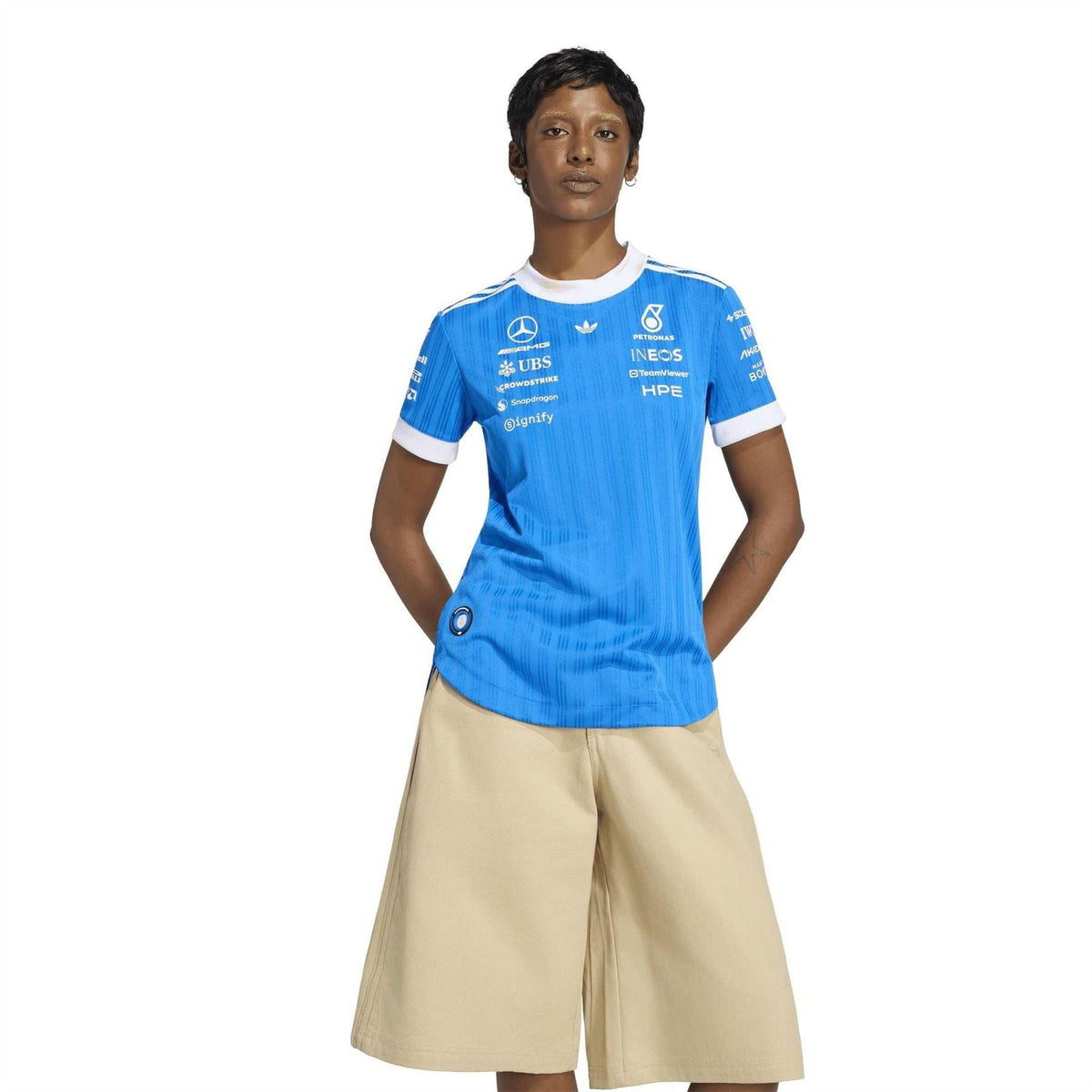 Blue adidas crew neck jersey T-shirt with white collar trim and allover sponsor prints
