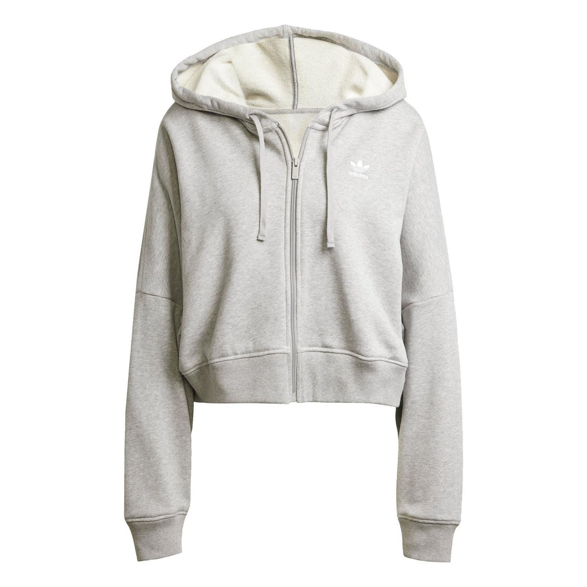 Grey zip-up hooded long-sleeve sweatshirt with front zip pocket and drawstring hood