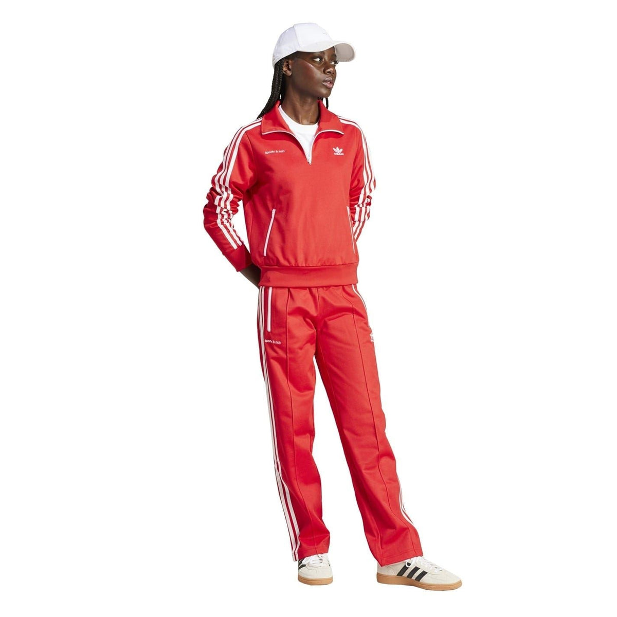 College red zip-neck athletic top with long sleeves and white adidas stripes, front half-zip.