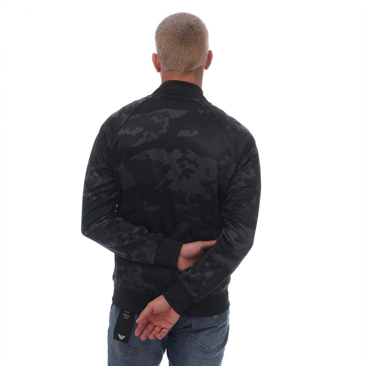 Men's adidas track top, black camouflage back view, full-zip jacket with collar