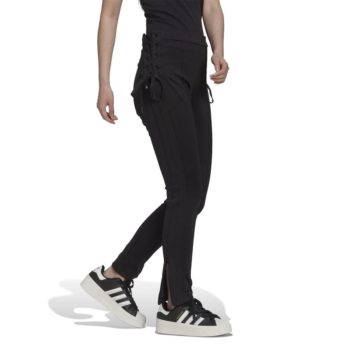 adidas Originals slim fit running joggers, athletic track pants with tapered legs and elastic waistband, black color, front view