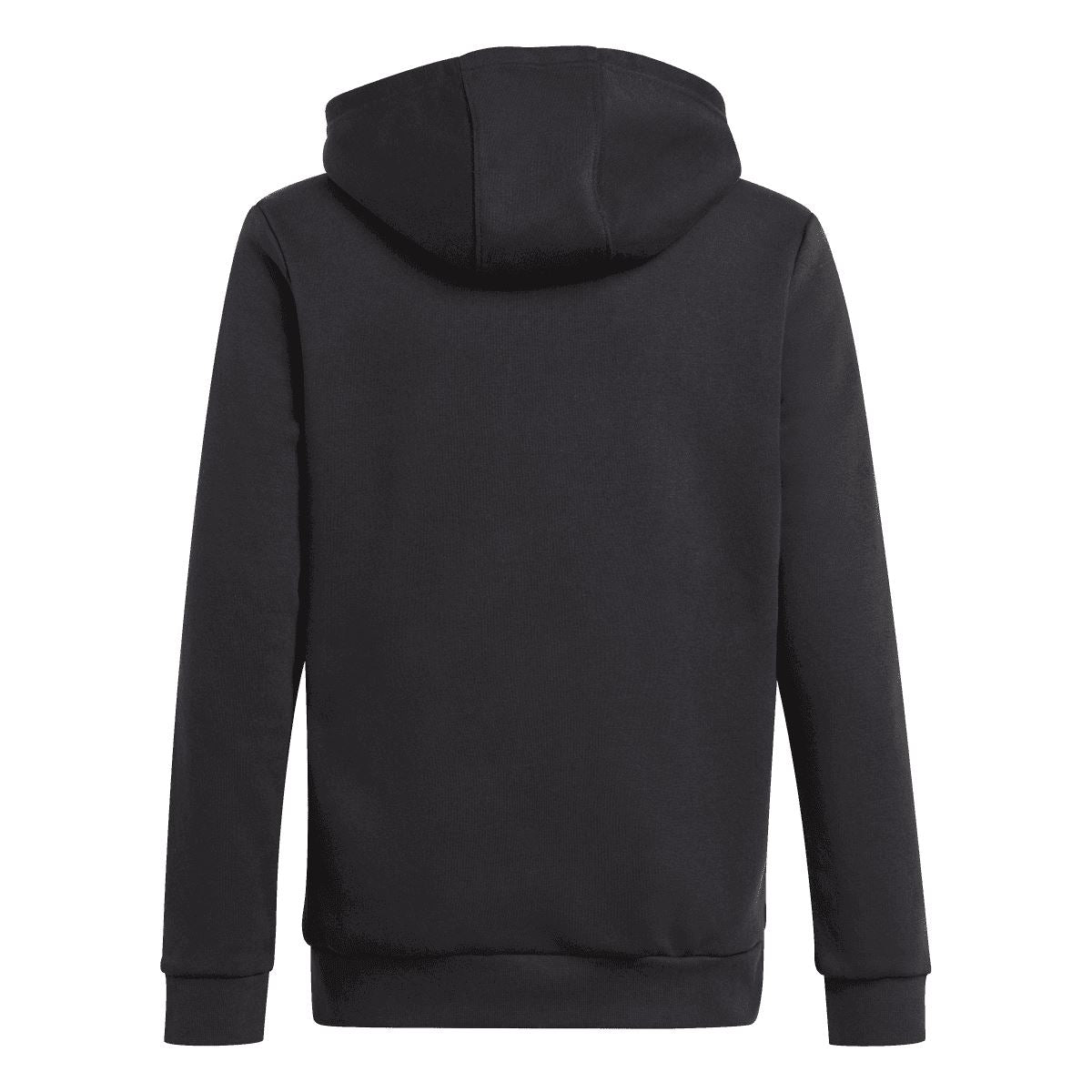 Black junior logo hoodie, back view with hood and ribbed cuffs