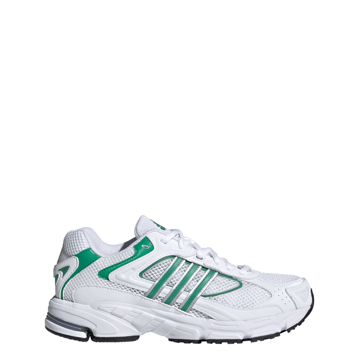 White lace-up sneakers with green side stripes and textured knit upper