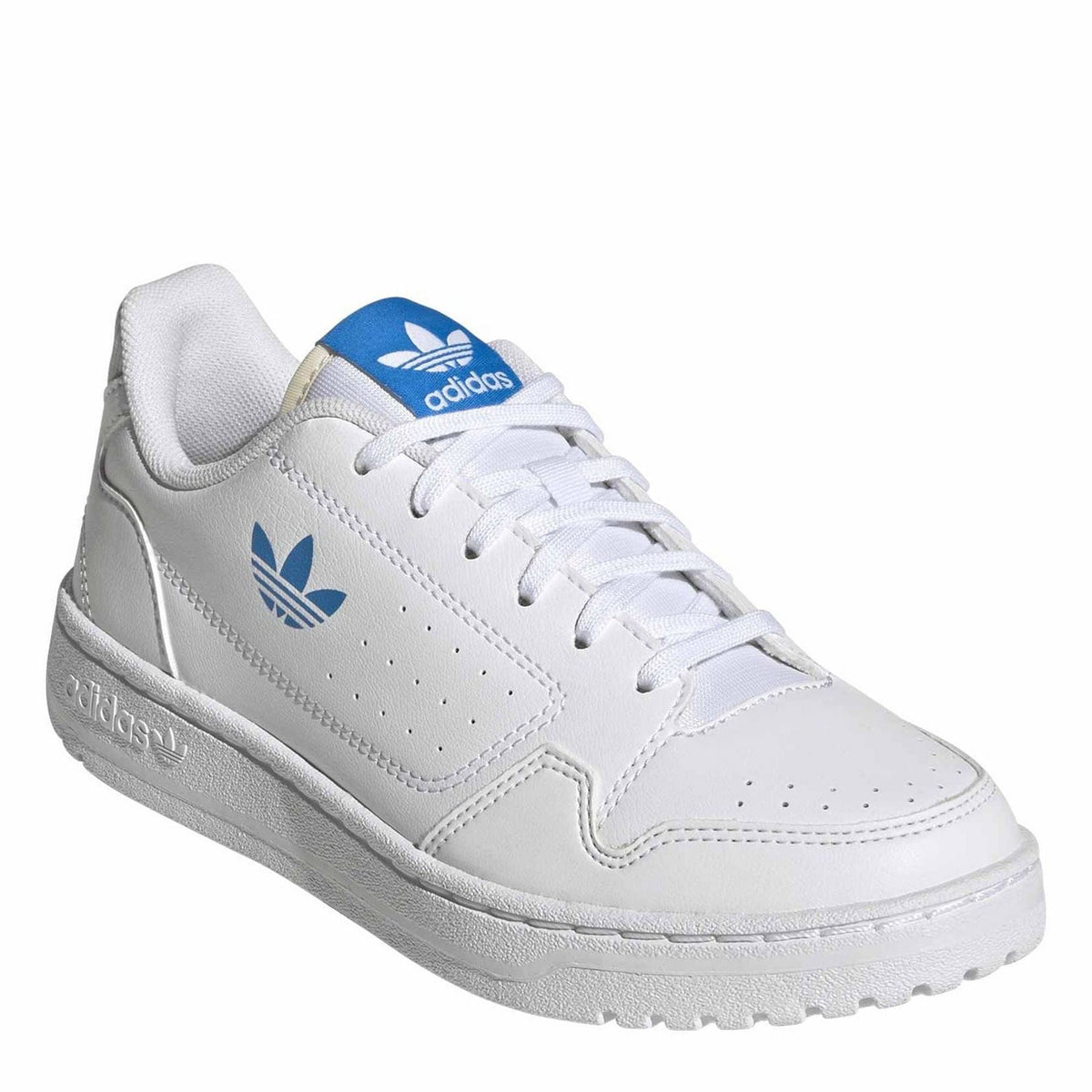 White lace-up sneakers with blue trefoil logo, speckled laces, and padded collar