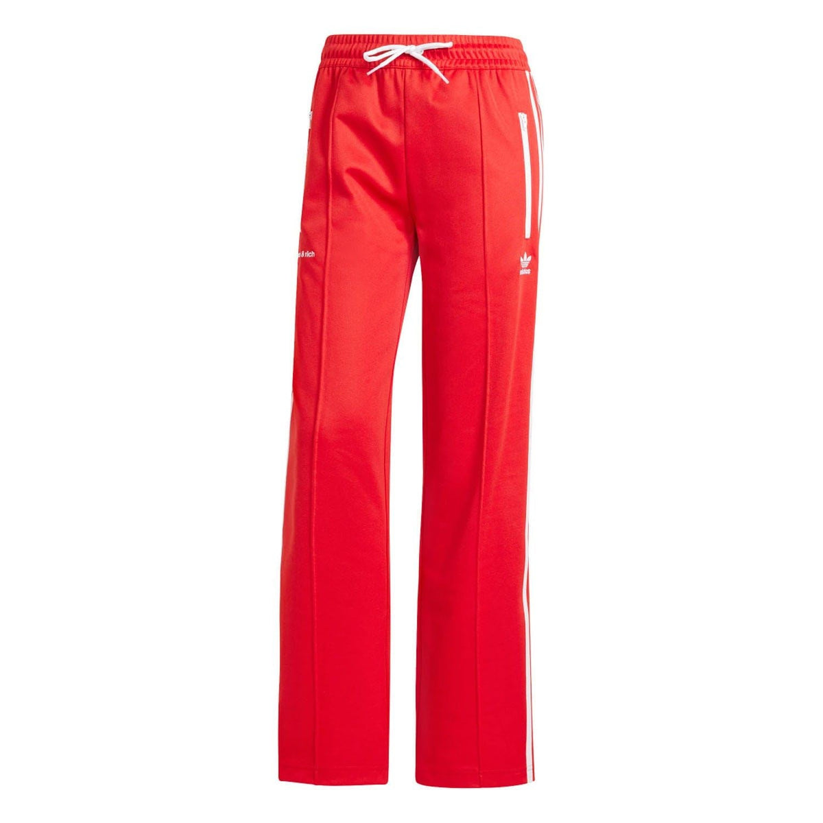 Red adidas track pants with elastic waistband, drawstring, and white side stripes.
