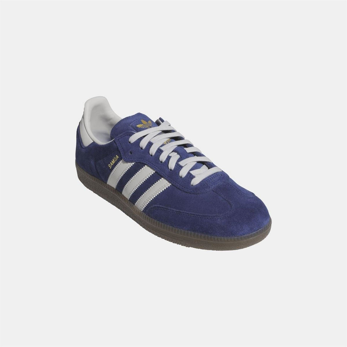 adidas Originals ADV shoes angled view in dark blue suede with white stripes and lace-up