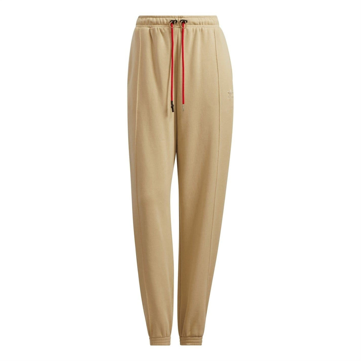 Beige adidas Originals sweatpants with elastic waistband and red drawcord