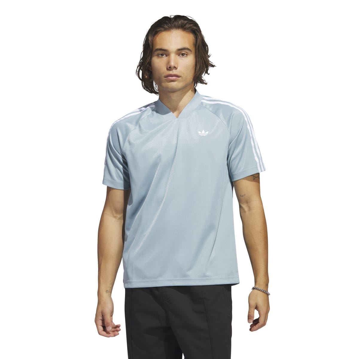 Light blue jersey T-shirt with V-neck and small adidas trefoil logo