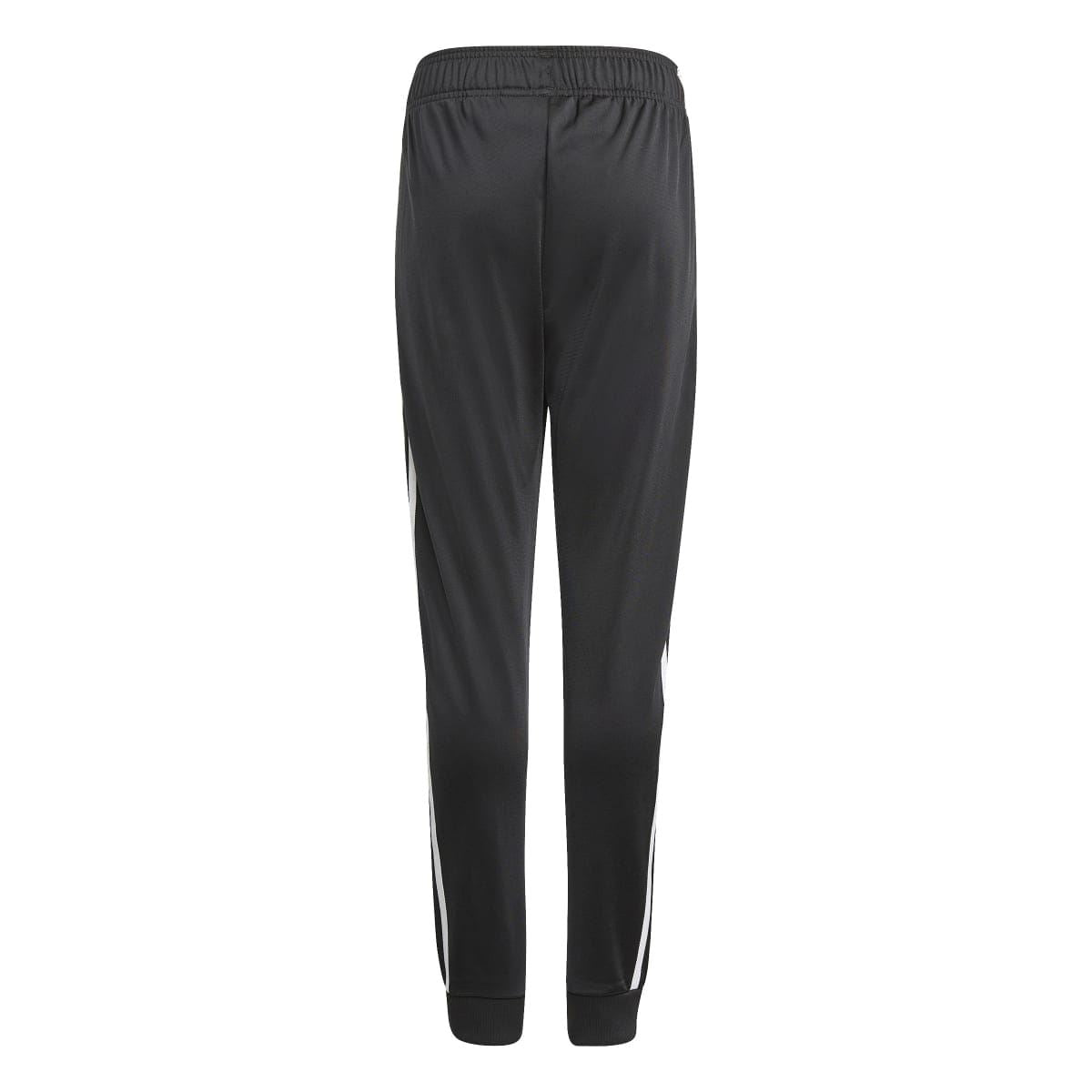 Junior track pants, black with white side stripes and elastic waist (back view)