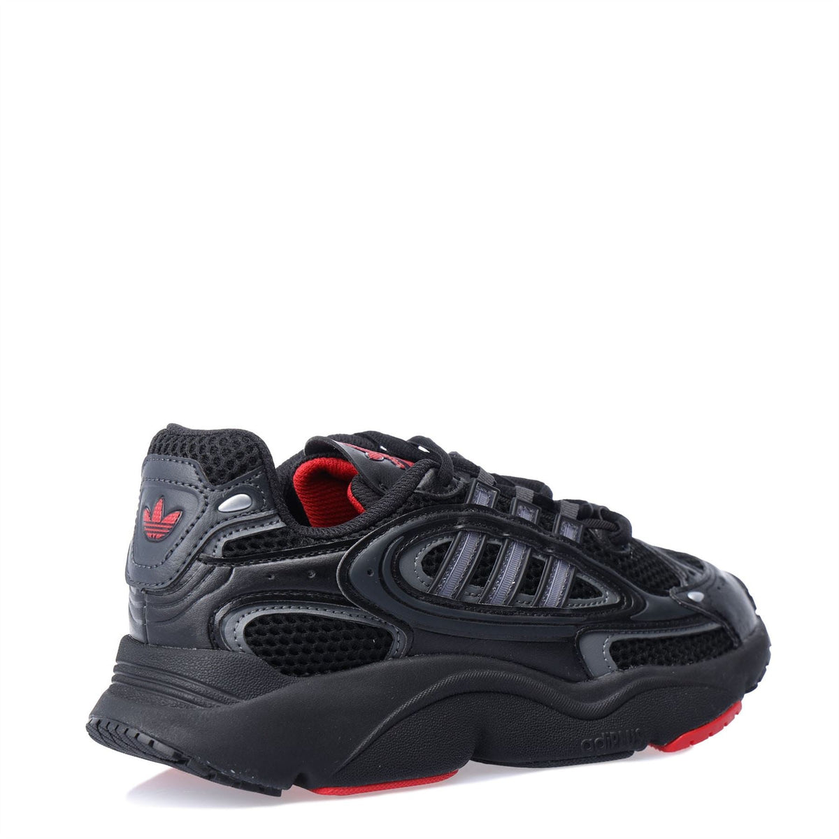 adidas Juniors Ozmillen black and silver trainers, mesh upper, red collar lining