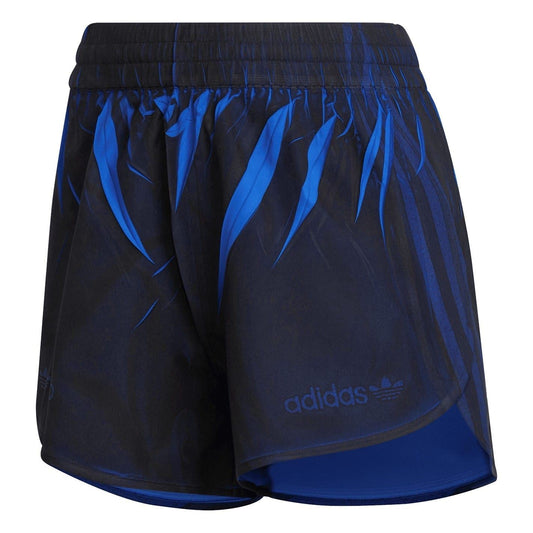 Navy and blue swim shorts with elastic waistband and all-over graphic print, adidas logo