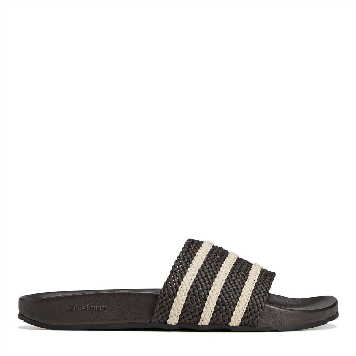 Dark brown adidas adilette slides with woven strap and cream triple stripes