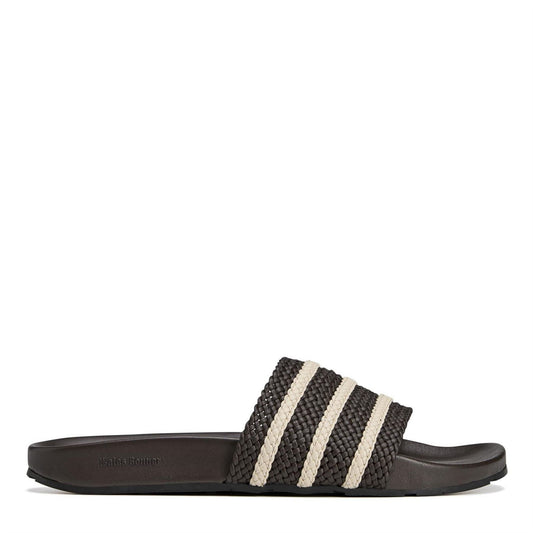 Dark brown adidas adilette slides with woven strap and cream triple stripes